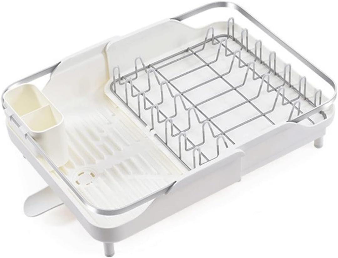 Dish Drainer Rack Dish Drainers Adjustable Dish Drying Rack,Expandable Dish Rack,Foldable Stainless Steel Dish Drainers with Removable Cutlery Holder and Drainboard(White) (One Size)