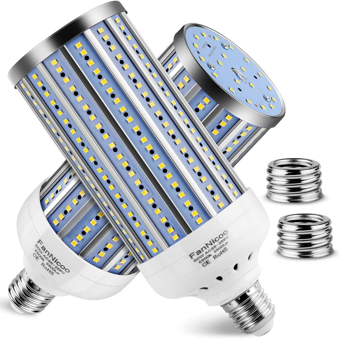 FanNicoo 2 Pack 500W Equivalent LED Corn Light Bulb 5500 Lumen 6500K 60W Large Area Cool Daylight White E26/E27 Medium Base for Outdoor Indoor Garage Warehouse Factory Workshop Street Backyard