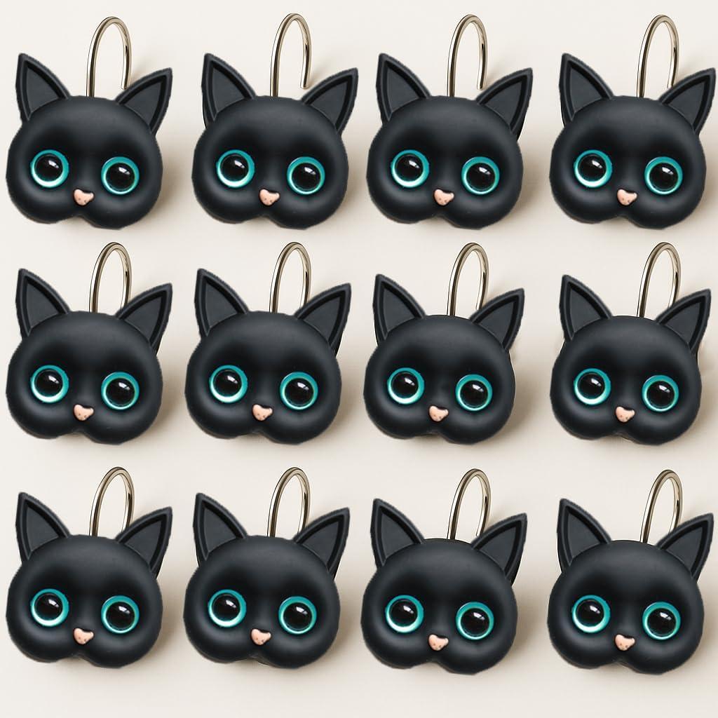Large Black Cat Head Shower Curtain Hooks Set of 12 - Cute Resin Bathroom Curtain Rings for Kids and Cat Lovers, Fits Standard Shower Curtain Rods