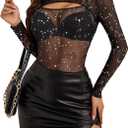 Avidlove Mesh Bodysuit for Women Long Sleeve Body Suit Sexy Tops Cut Out Leotard See Through Shirts Sheer Rave Outfits (Large, Star Black)