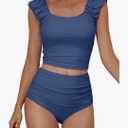 Eomenie Tankini Swimsuits for Women Ruched Tummy Control Bathing Suit Two Piece Swim Tank Top with High Waisted Bottom Large, Blue 