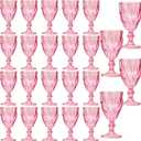 24 Pack Vintage Wine Glasses, Plastic Reusable 12 Ounce Colored Water Goblets, Unique Embossed Pattern Unbreakable Stemmed Wine Glasses High Clear Wedding Party Bar Drinking Cups Pink