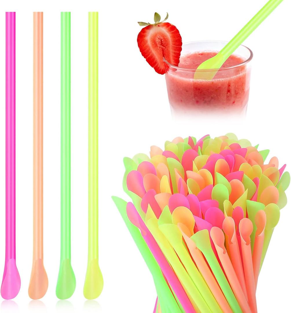 Eaasty 1000 Pcs Snow Cone Spoon Straws, Flexible Plastic Flexible Disposable Drinking Straws, Disposable Plastic Sip Stir Sticks (Yellow,Green,Orange,Rose Red)