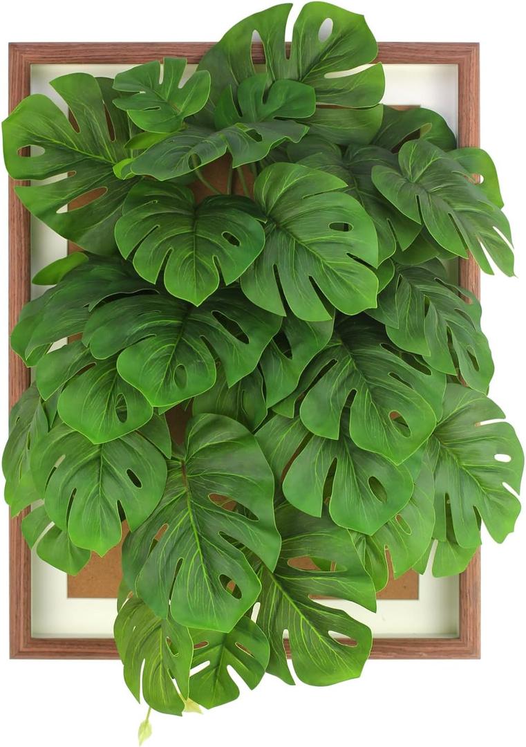 Artificial Plants Wall Hanging Decor Monstera 3D Decorative Painting Wooden Frame Size 17" x 13" (Green, 17"x13")