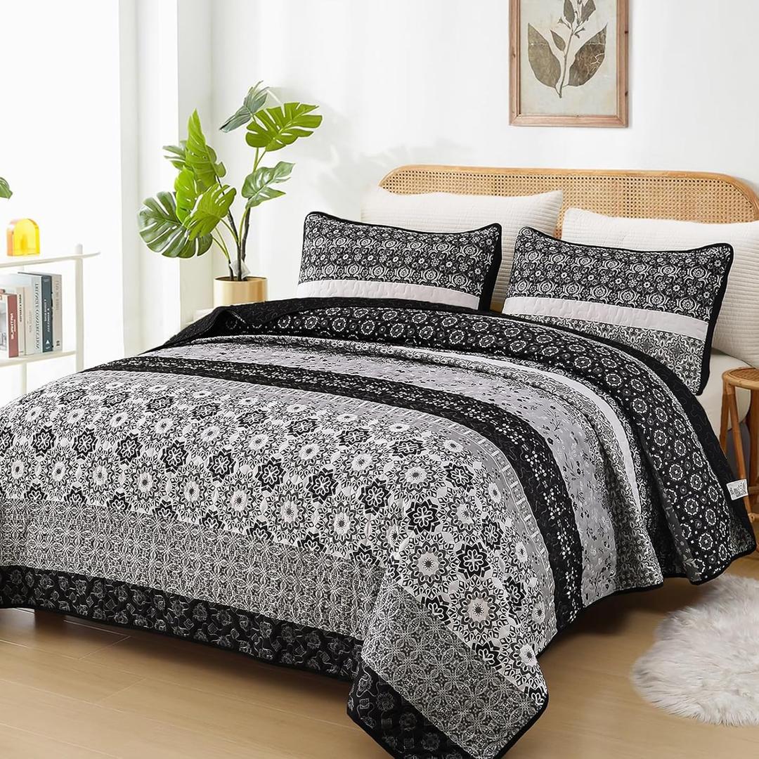 WONGS BEDDING Boho Quilt Set Queen Size,Black Bohemian Striped Patchwork Bedspread Set,3 Pieces Microfiber Bedding Set for All Seasons (96"x90")