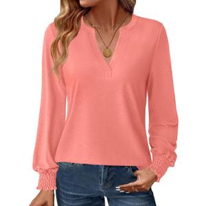 Womens Long Sleeve Shirts Fall Tops V Neck Business Dressy Casual Blouses with Smocked Cuffs (X-Large, Coral)