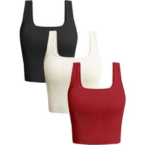 OLCHEE Womens 3 Pack Crop Tank Tops Basic Seamless Ribbed Sleeveless Square Neck Workout Top Summer Exercise Yoga Gym Shirts, XL