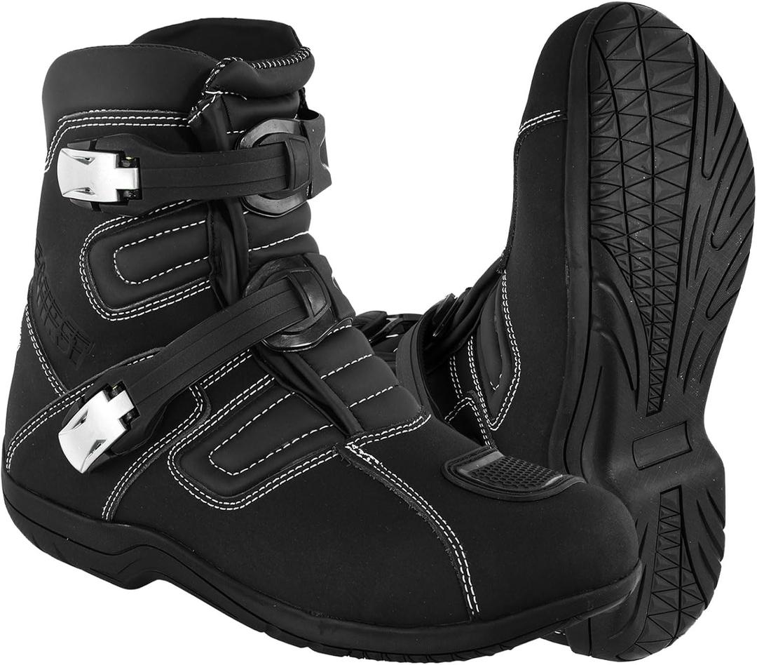 PROFIRST Mens Fashion Motorcycle/Motorbike CE Amour Boots Anti Slip Rubber Soul Crash Protection Protective Waterproof Leather Stylish short Ankle Racing Adventure Off Road Touring Sports Safety Shoes (8, Black)