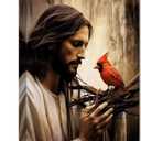 CXHOSTENT Jesus Canvas Wall Art - Jesus with Red Birds Cardinal Picture Print for Church Prayer Room - Framed (24.00"x36.00")