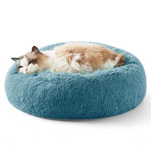 Bedsure Calming Cat Beds for Indoor Cats - Small Cat Bed Washable 20 inches, Anti-Slip Round Fluffy Plush Faux Fur Pet Bed, Fits up to 15 lbs Pets, Washed Blue