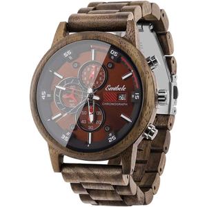 Emibele Wooden Watch for Men, Date Display Chronograph Quartz Wrist Watch, 3 Sub-dials Handmade Light Weight Luminous Watch - Walnut