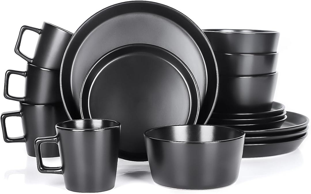Plates and Bowls Sets, 16 Pieces Dinnerware Sets, Service For 4, Black