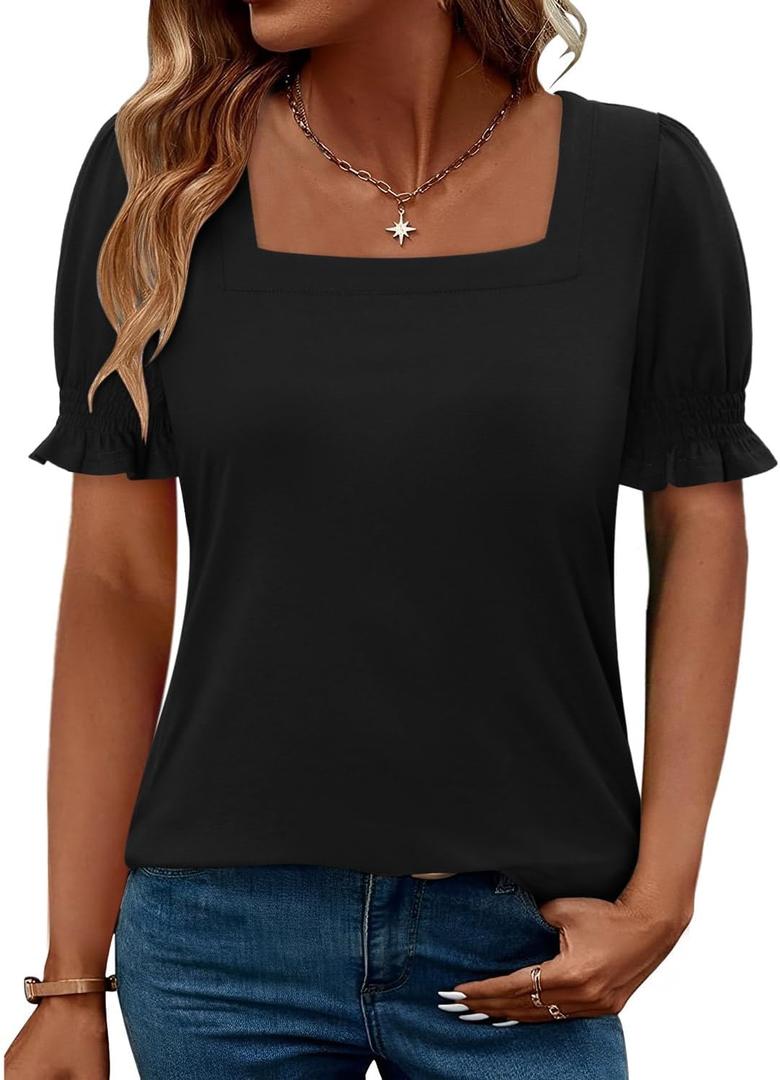 CRAZY GRID Womens Trendy Summer Tops Puff Sleeve Loose Fit Shirts Dressy Casual Blouses, (X-Large)