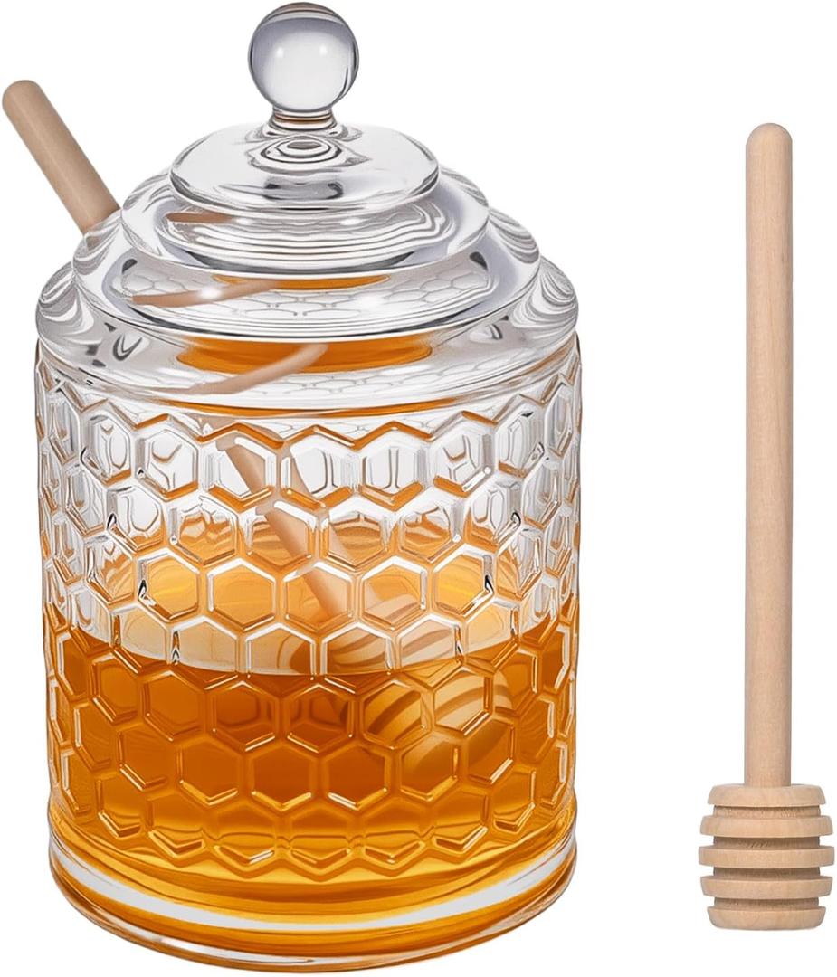 9 oz Clear Crystal Glass Honey Pot with 2 Dipper Sticks - No Drip Honey Dispenser Jar with Lid, Syrup Honey Container for Home Kitchen Storage Holder
