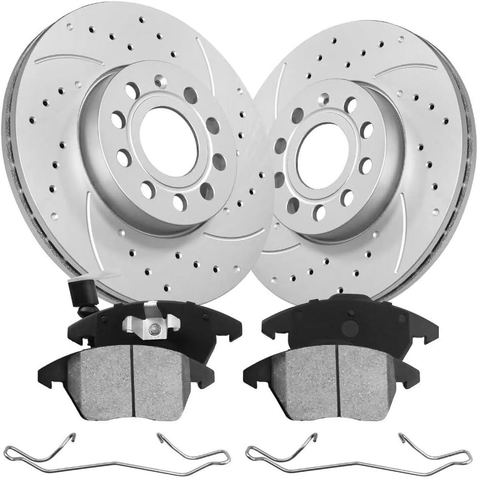 Front Automotive Replacement Brake Kit, Drilled Slotted Rotors Kit Compatible with 2011-2018 VW jetta, 2012-2019 VW Betle|Anti-Rust Geomet Coated|288mm(11.3in)|D1107A-8212 & 34303