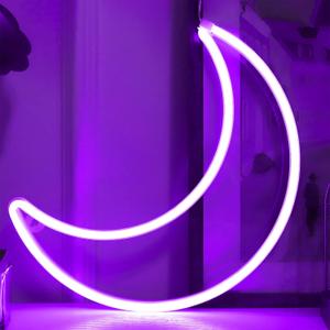 LED Purple Moon Neon Light, Cute Neon Moon Sign, Halloween Room Decor - Battery or USB Powered 5V Art LED Decorative Night Lights for Home, Bedroom, Office, Dorm, Party