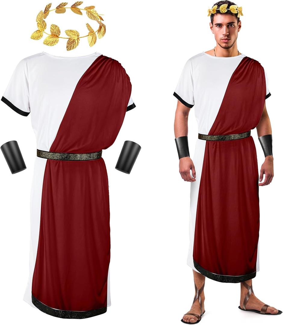 SATINIOR 4 Pcs Greek Toga Costume Men Greek God Outfit Halloween Adult Roman Accessories Set (Medium, Red and White)
