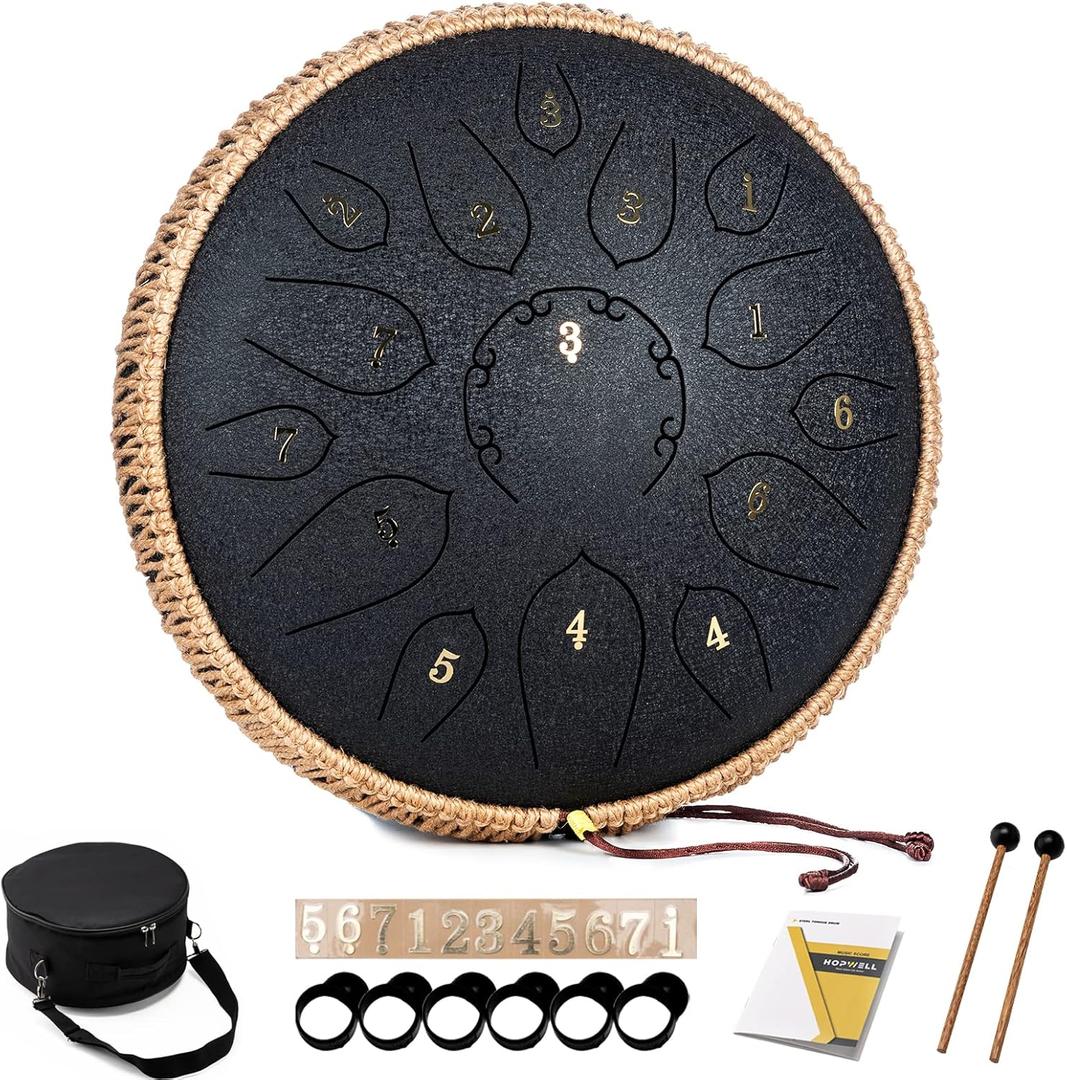 Steel Tongue Drum - 15 Note 12 Inch Tongue Drums - Percussion Instruments - Hand Pan Drum with Music Book, Drum Mallets and Carry Bag, D Major, Black