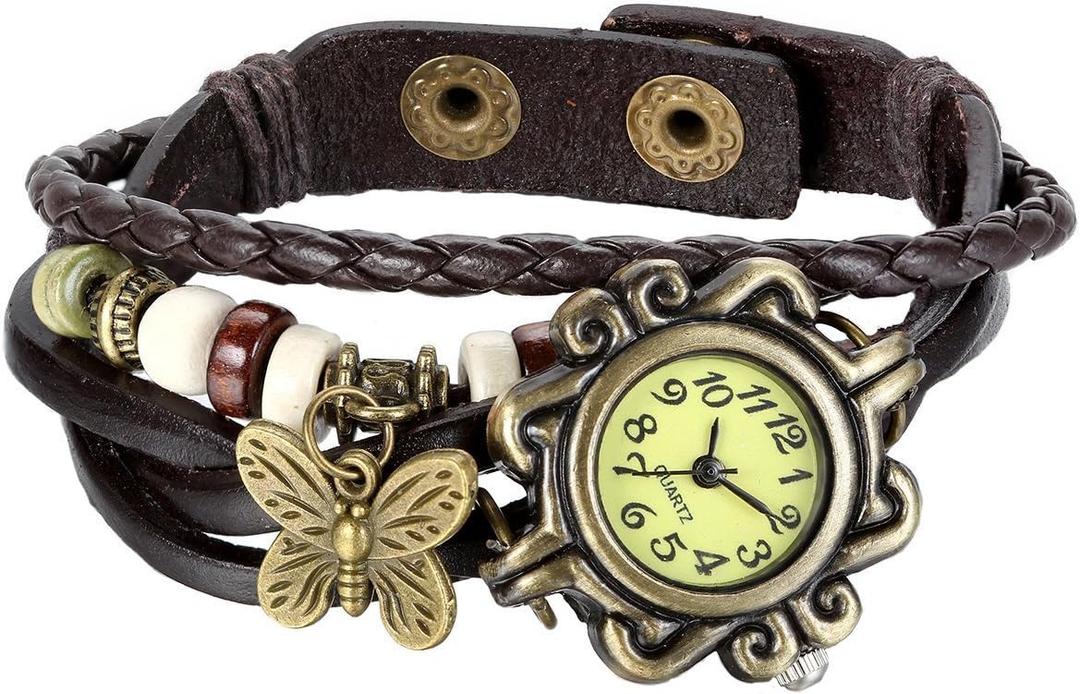 JewelryWe Women Quartz Bracelet Watch Fashion Weave Wrap Around Leather Wrist Watch Classic Bracelet Watch for Summer Beach for Valentine's Day (butterfly-coffee)