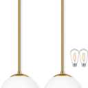 Bagood 10" Globe Pendant Light Gold 2 Pack Mid Century Pendant Light Globe Pendant Lights Kitchen Island Brushed Brass Finished with Milk Glass Adjustable Ceiling Light Fixtures for Dining Room Bar