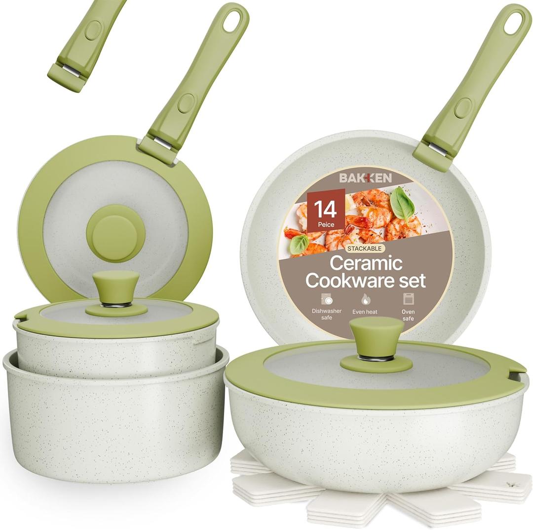 Pots and Pans Set Non Stick Ceramic-Granite  14-Piece Cookware with Detachable Handles, Stackable Space-Saving, Dishwasher Safe, Stain-resistant, Oven & All-Stove Safe, Tempered Glass Lids, Green