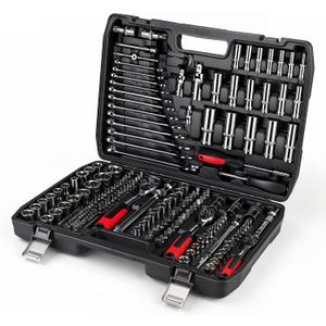 216-Piece Mechanics Tool Set, 1/4" 3/8" 1/2" Drive Socket Wrench Kit, Ratchet Handles, Combination Wrenches for Auto Repair & DIY Projects