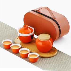 Japanese Tea Set,Porcelain Tea Set Tea Sets for Women Kungfu Tea Sets with 1 TeaPot(with Strainer),4 Tea Cups,Tea Tray,Tea canisterBag,All in One Gift for Picnic, Ourdoor, PartyOrange 4cups