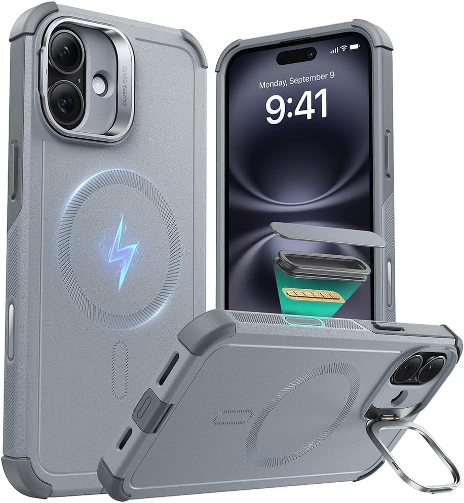 ESR for iPhone 16 Plus Case with Stash Stand, Camera Control, 23FT Military-Grade Shock-Absorbing Drop Protection, Compatible with MagSafe Accessories, Magnetic Cyber Series, Light Grey