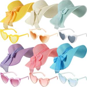 Jeyiour 12 Pcs Women Floppy Sun Hat and Heart Sunglasses Set, Wide Brim Straw Hats with Bow, Tea Party & Beach Pool Favors