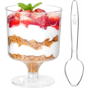 Zezzxu 5 oz Mini Dessert Cups with Spoons, 40 Pack Small Dessert Cups Plastic Footed Goblet Glasses for Serving Trifles, Appetizers, Puddings, Mousse, Parfait (5 oz (40 cups + 40 spoons))