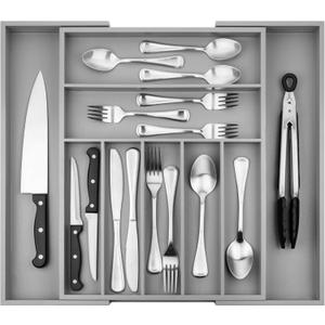 Purawood Bamboo Drawer Organizer - Expandable Silverware Organizer & Utensil Organizer, Cutlery Tray with Dividers, 7-9 Slots - Premium Kitchen Drawer Organizer for Utensils & Flatware (Grey)