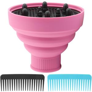 Universal Foldable Hair Dryer Diffuser, Travel Hair Dryer Diffuser Attachment with Comb, Portable Hairs Diffusers Blow Dryers Attachment for Natural Thick Hairs(Color:Pink)