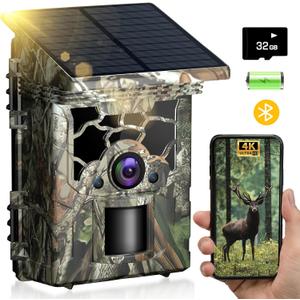 Trail Camera Solar Powered 4K 46MP, WiFi Bluetooth Game Camera with 32GB Memory Card, 130 Wide Angle, Motion Activated 0.3s Trigger, IP66 Waterproof No Glow Night Vision for Wildlife Monitoring