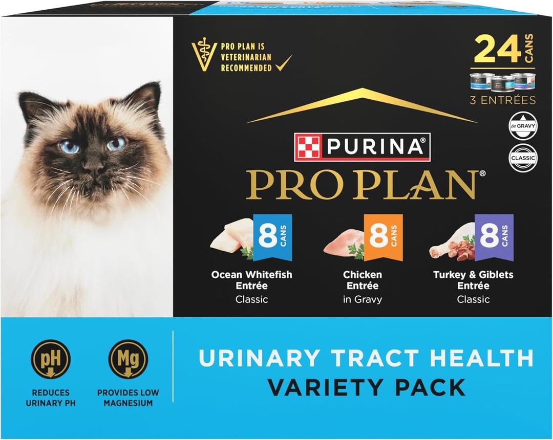 Purina Pro Plan Urinary Cat Food Wet Variety Pack Urinary Tract Health Ocean Whitefish, Chicken, Turkey and Giblets - (Pack of 24) 3 oz. Cans (EXP 06/15/28)