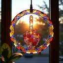 Middle Finger Suncatcher Color Stained Glass Window Hanging, Handmade Acrylic Funny Light Sun Catcher Indoor Outdoor Wall Hanger Ornament, Hand-Painted Glass Panel Decor for Home Office (E)