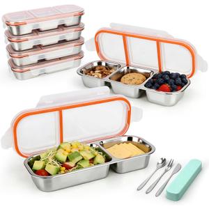 5-Piece Stainless Steel Bento Box Set – 2x 3-Compartment & 2x 2-Compartment Reusable Lunch Containers with Lids + Portable Cutlery Kit for Work, Travel, Outdoor & Daily Meal Prep (Orange)