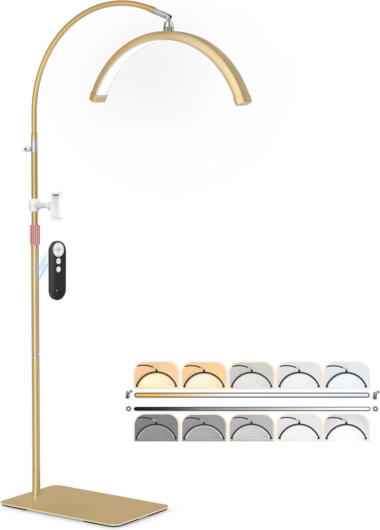 Half Moon Light for Lash Tech, Gooseneck Esthetician Light with Phone Holder for Eyelash Nail Art Tattoos Skincare, Height Adjustable Lash Lamp with 5 Color Temperatures & Brightness Setting (Gold)