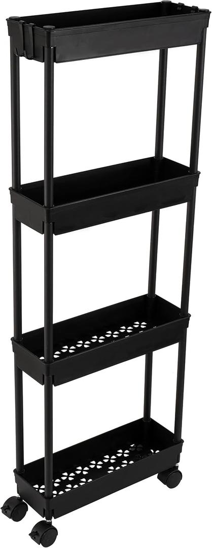 Sooyee 4 Tier Slim Storage Cart,Rolling Storage Cart,Narrow Shelf,Bathroom Rack,Mobile Shelving Unit Organizer for Kitchen, Bathroom, Laundry Room, Black