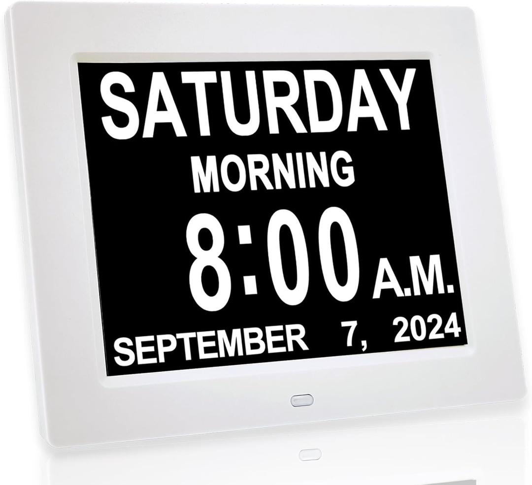 New 2024 Digital Calendar Alarm Day Clock - with 8" Large Screen Display, am pm, Multiple Alarms, for Impaired Vision People, The Aged Seniors, The Dementia, for Desk, Wall Mounted, (White)