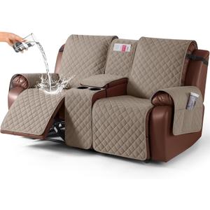 KinCam 100% Waterproof Recliner Loveseat Cover with Console, Non-Slip Reclining Couch Covers for 2 Seat, Recliner Sofa Cover Furniture Protector with Elastic Straps for Kids, Pets, Taupe
