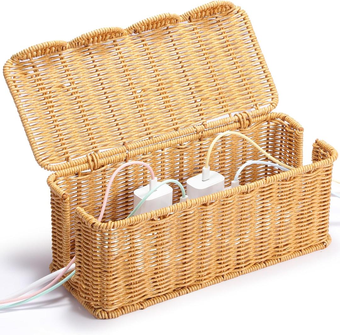 YECAYE Handwoven Rattan Style Cable Management WavyWeave Box, Decorative Storage Cord Organizer Box for Power Strips & Cords, Cord Hider for Home, Kids & Pet Safety, DIY-Friendly Cord Management
