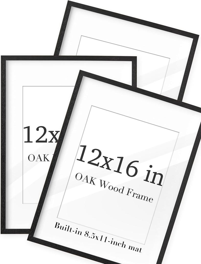 UPWOIGH 12x16 Black Color Oak Wood Picture Frame Set of 3,Display Pictures 8.5x11 with Mat or 12x16 Without Mat,12x16in Poster Frames 3 Pack, Natural Solid Wooden Frame for Wall Art Photo and Prints