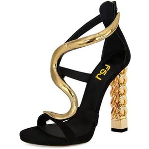 FSJ Women Flower Gold Metal Chain Chunky High Heels Ankle Strap Sandals Open Toe Fashion Summer Dressy Shoes Size 11