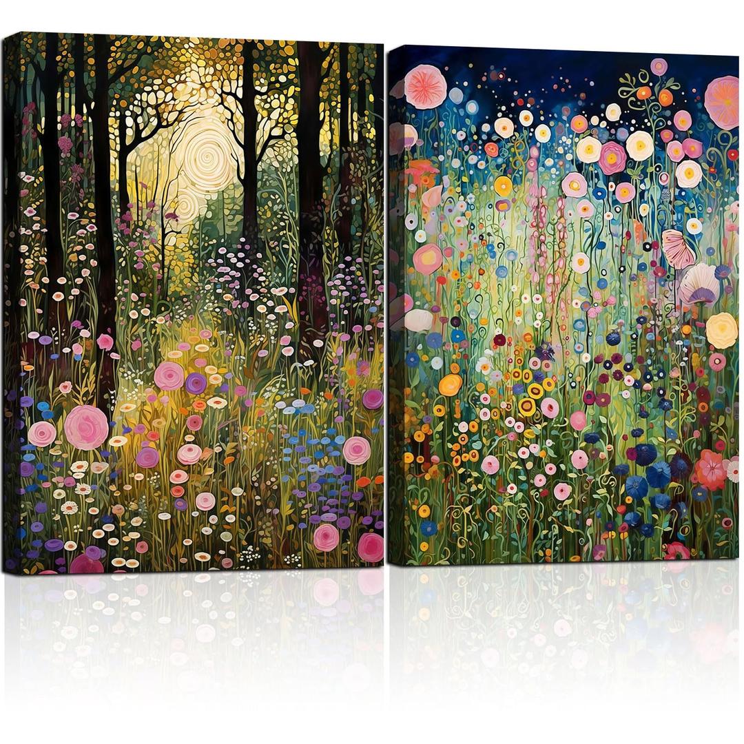 2 Framed Canvas Wall Art Plants Forest and Wildflowers Prints Vintage Enchanted Wildflowers Wall Decor Gothic Dark Academia Poster Woodland Art for Bedroom Living Room Home Decoration 24x16 Inch
