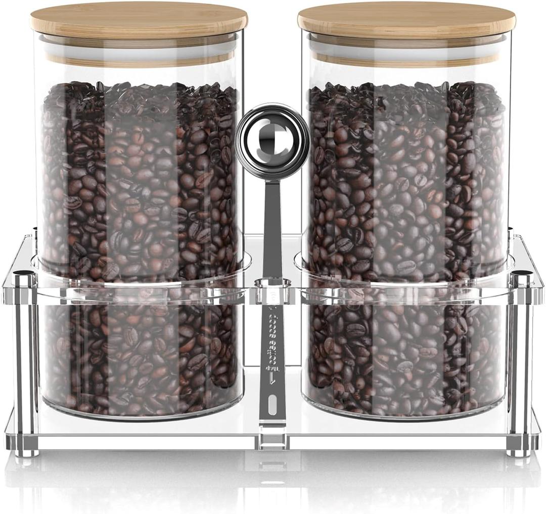 Glass Coffee Containers with Acrylic Shelf, 2pcs 44oz Food Storage Containers with Airtight Lids for Kitchen, Sugar, Nut, Tea
