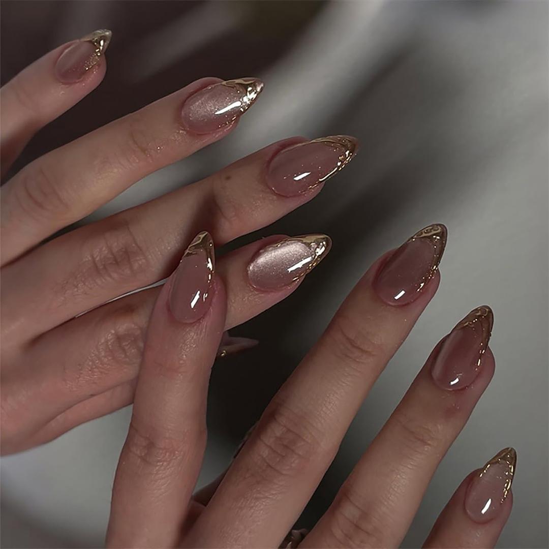 Gold Press on Nails Medium Almond Cat Eyes Fake Nails with 3D Curve Line Designs False Nails Summer Fingernails Gold French Tip Nails Glossy Full Cover Stick on Nails for Women French Manicure Kit