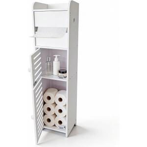 BorealBear Slim Bathroom Storage Cabinet with Toilet Paper Holder, Narrow Bathroom Cabinet for Small Spaces, Freestanding Organizer with Door & Shelves, Space Saving White Bathroom Cabinet