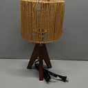 Tripod Table Lamp Light with Birch Color Wooden Base, Wooden Desk Lamp with Rattan Lampshade, 14.37 in Small Lamps, E26 Base Bedside Lamps for Night Stands, Home, Office, Living Room, Dorm(Triangle)