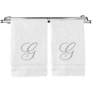 Monogrammed Hand Towel, Personalized Gift, 16 x 30 Inches - Set of 2 - Silver Embroidered Towel - Extra Absorbent 100% Turkish Cotton- Soft Terry Finish - For Bathroom, Kitchen and Spa- Script G White