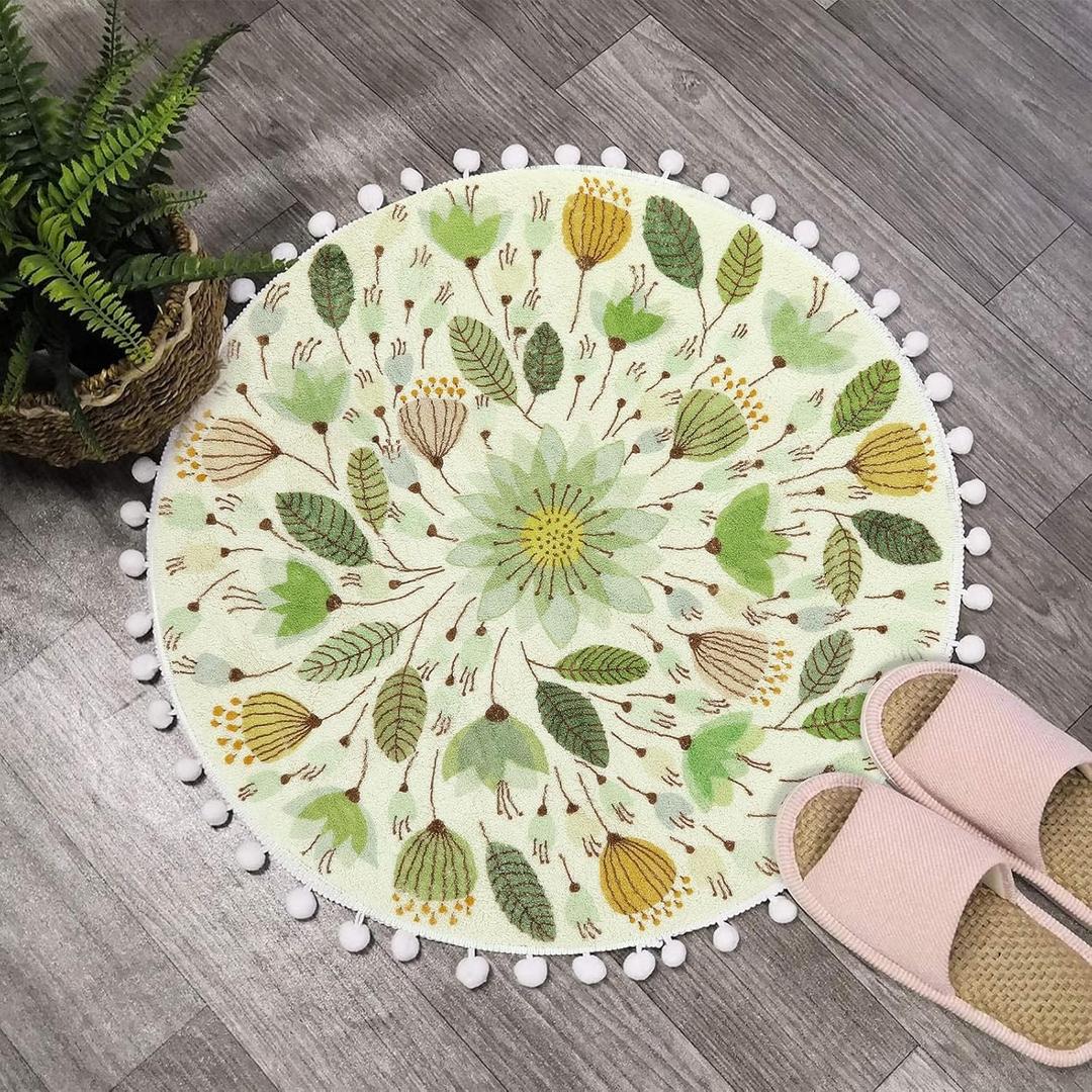 Uphome Small Round Rug 2 Circle Cute Bath Mat with Pom Poms Fringe Floral Plant Washable Bathroom Rugs Soft Non-Slip Circular Throw Rug Carpet for Shower Sink Powder Room Nursery Bedroom Table, Green